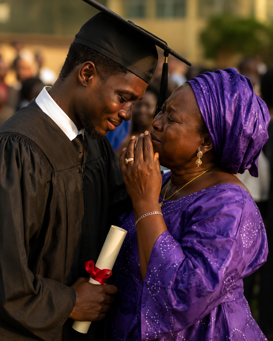 Un fils en toge de diplômé, diplôme en main, remercie sa mère en chanson